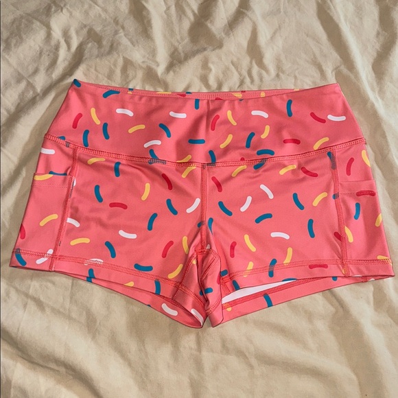 Feed Me Fight Me *NEW* Women's Pink Donut Sprinkle Athletic Workout Shorts - Picture 3 of 12